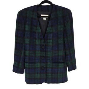 Liz Claiborne size 4 green blue Tartan plaid 3 button long blazer wool blend